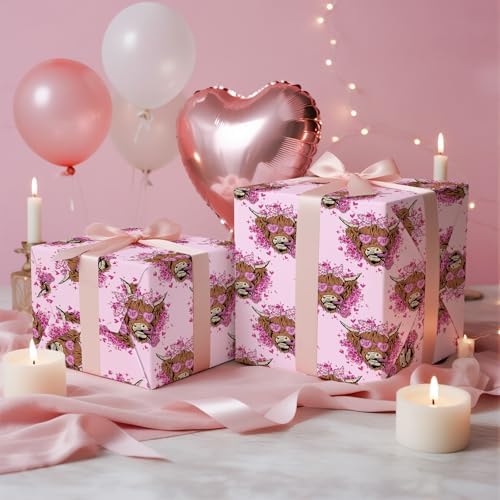 RUSPEPA Highland Cow Wrapping Paper Roll, Mini Roll, Floral Highland Cow with Heart Sunglasses Design, Pink Fun Gift Wrap for Kids, Girls, Valentine’s Day, Anniversary, Birthday, 17 Inches x 16.4 Feet