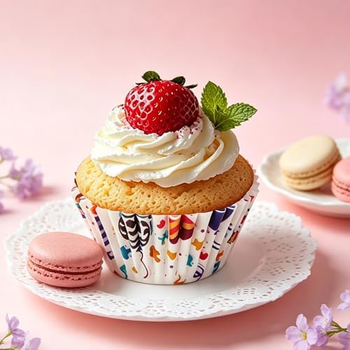 200 Paper Cupcake Liners, Muffin Liners or Baking Cups for Desserts, Muffins, Cupcakes and More Treats; Grease Proof, No Smell, Food Grade, Nut Serving Containers (Birthday)