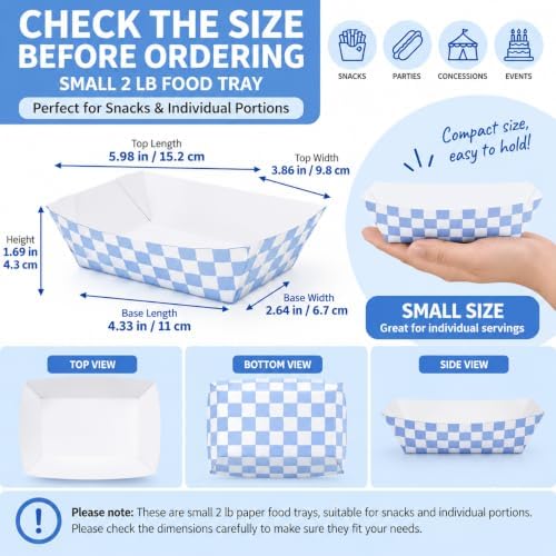 30 Pcs No Folding Required 2lb Gingham Party Supplies Disposable Paper Food Trays for Shower Wedding Tea Party Supplies Nacho Snack (Light Blue)