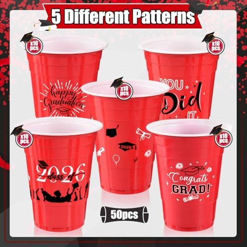Graduation Decorations 2026 Party Cups - 50pcs 16 Oz Red and Black Disposable Graduation Plastic Cups for School Class of 2026 Grad Celebration Party Favors Supplies (5 Designs)