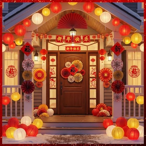 45 Pcs Chinese Lunar New Year Decorations, 2026 Year of the Horse Red Paper Fans Lanterns Lunar Horse Banner Fu Character Window Stickers Luck Hanging Ornaments Vietnamese Tet Party Supplies
