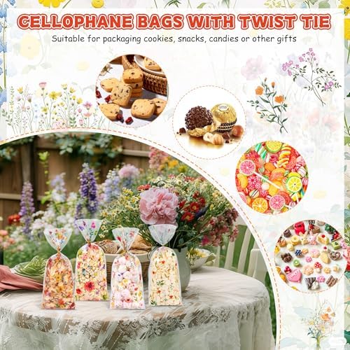 50 Pcs Wildflower Cellophane Treat Bags - 5 x 11 Inch Clear Floral Goodie Bags with Ties for Cookies, Snacks & Gift Packaging, Wildflower Candy Bag for Baby Bridal Shower, Bday, Wedding Party Favors