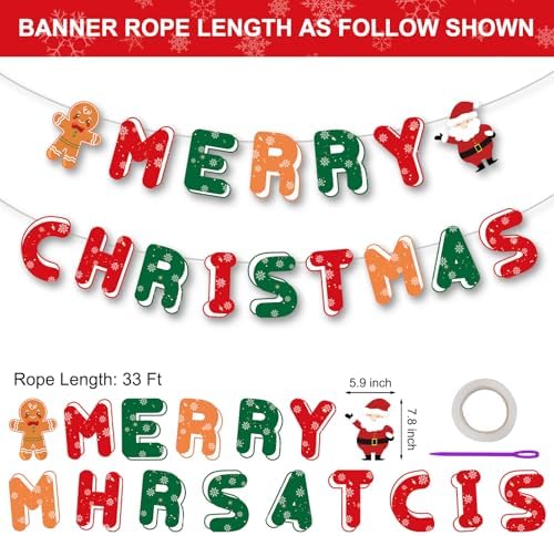 Merry Christmas Decorations Banners - Paper Christmas Banner, Santa Claus Reindeer Sign Garland Backdrop for Winter Xmas Indoor Outdoor Home Office Fireplace Wall Party Decor Supplies Favors Props