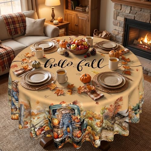 Fall Tablecloth 70Inch Round, Fall Harvest Decorations for Home Table Cloth, Truck Scarecrow Pumpkin Decor Washablae Seasonal Autumn Thanksgiving Tablecloths Polyester for Picnic Party Dinner