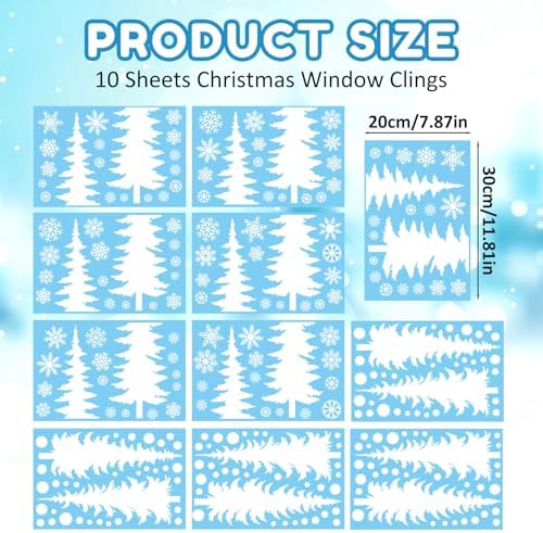 10 Sheets Christmas Window Clings Stickers Winter White Snowflake Christmas Tree Window Decals for Xmas Holiday Party Home Office Shop Glass Display Decoration