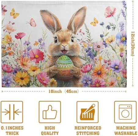 Easter Rabbit Placemats Set of 4 Spring Bunny Colorful Egg Wildflower Place Mat 12x18 Inch Seasonal Farmhouse Linen Fabric Table Mats for Kitchen Dining Outdoor Indoor Easter Party