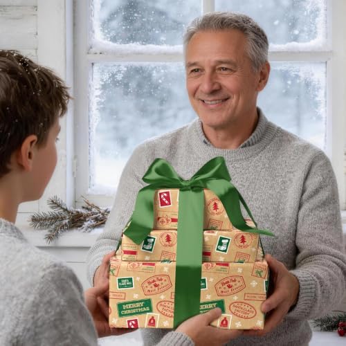LaRibbons Kraft Christmas Wrapping Paper, Vintage Xmas Postmark Stamp