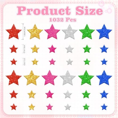 1032Pcs Foam Stickers Glitter Star Sticker Colorful Foam Stars Stickers