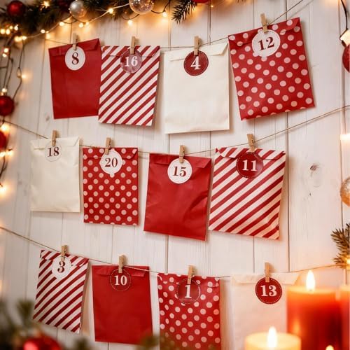 24 Pieces Advent Calendar Bags DIY Advent Calendars to Fill Christmas Kraft Treat Bags with 1-24 Countdown Numbers Stickers for Christmas Advent Calendar Countdown Decoration