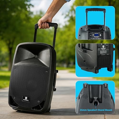 Portable 15" 1600W 2-Way Rechargeable Powered Dj PA Speaker System with Bluetooth, Rechargeable Battery, 2 Wireless Mics, USB, SD, FM Radio, Remote & Speaker Stand for Parties, Events, gigs, Outdoor