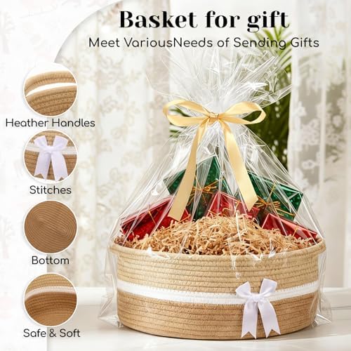 Colingmill 2 Pack Small Woven Gift Basket Empty with Wrap, Khaki and White