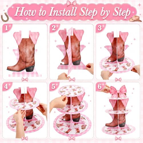 3 Tier Western Cowgirl Cupcake Stand Decoration Pink Bow Cupcake Tower Cowgirl Boots Hat Table Decoration Dessert Holder Table Display for Western Birthday Bachelorette Baby Shower Supplies