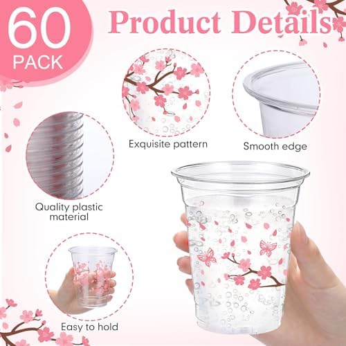 Funnymoom 60 Pack Cherry Blossom Plastic Cups for Party Decorations, 12 oz