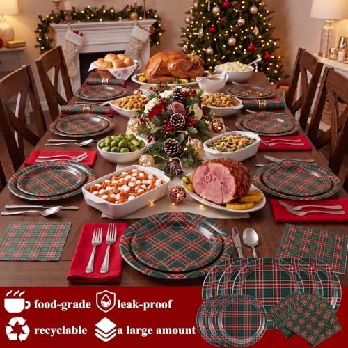 Yungyan 150 Pcs Red Green Plaid Plates Napkins Green Red Serves 50