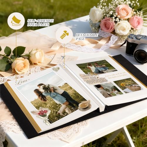 Lanpn Couples Scrapbook Photo Album - The Story of Us, Linen Wedding Anniversary Self Adheisve Picture Book holds 4x6 5x7 A5 Photo for Love Newlywed Valentine's Day (Small 20 Sheets/40 Pages, Beige)