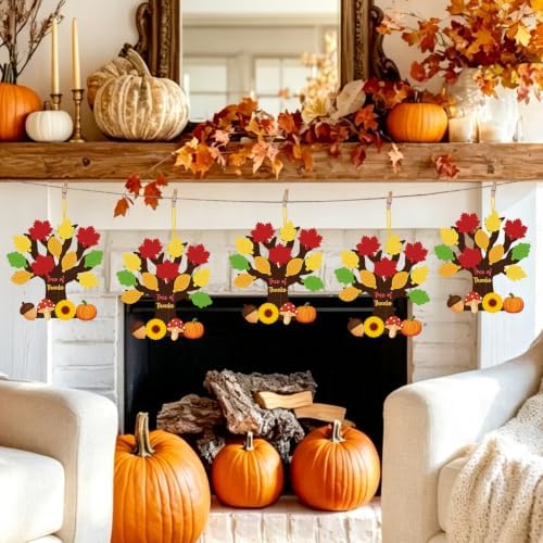 Tree of Thanks Craft Kit 24 Pack Thankful Tree Craft Kits Thanksgiving Hanging Ornament for Kids with Fall Leaves to Write on Classroom Autumn Thankful Art Project Thanksgiving Party Home Decoration
