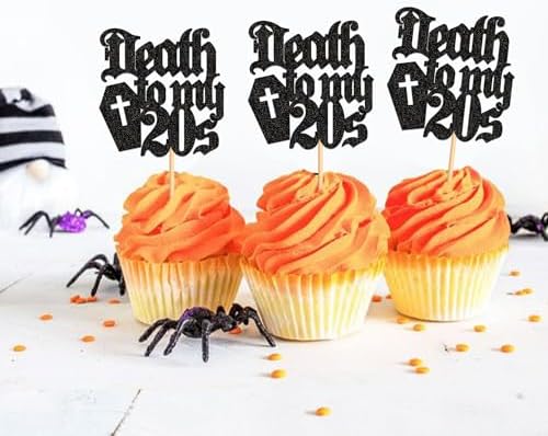 24Pcs Black Death to My 20s Cupcake Toppers Death to My Twenties Cupcake Picks for Gothic 30th Birthday Funeral 30th Birthday Anniversary Cupcake Decorations Rip to My Youth Emo Party Decorations