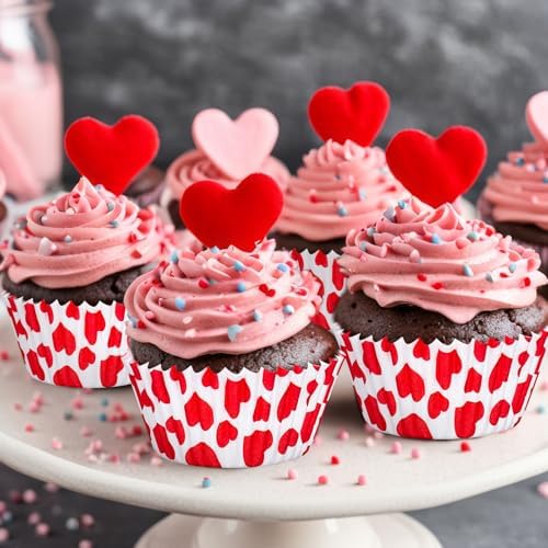 JarThenaAMCS 300 Pcs Valentine Cupcake Liners Red Heart Baking Cups Red White Standard Muffin Cupcake Wrappers For Anniversary Wedding Party Supplies