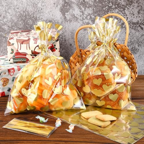 COQOFA 50 Pcs 9X12 IN Gold Heart Cello Cellophane Treat Bags - Clear Candy Cookie Bags with Twist Ties for Baby Shower, Valentine, Wedding, Birthday