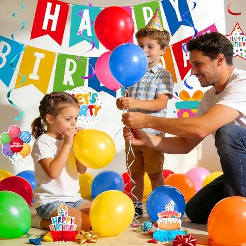 Happy Birthday Decorations Kit: Happy Birthday Banner,Birthday Circle Confetti Garland, Swirl Streamers, Honeycomb Balls, Birthday Balloons and Honeycomb Centerpiece for Kids' Birthday Party Supplies