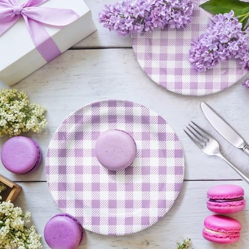 Vyntra 50 Pcs Lavender Gingham 9 Inch Round Paper Dinner Plates