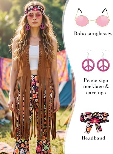 SOMSOC 7 Pieces 60s 70s Women Hippie Costume Fringe Vest Bag Pant Headband for Disco