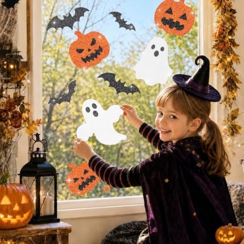 Glitter Halloween Window Clings Decor, Cute Ghost Pumpkin Stickers Decals