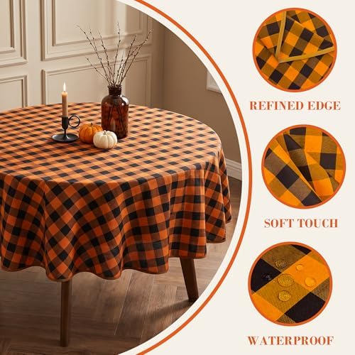 Waterproof Gingham Tablecloth, Checkered Fabric Table Cover for Kitchen Dining, Black & Orange Plaid Table Cloth, Rectangle Table Cloth for Indoor Outdoor Use, 60" Round