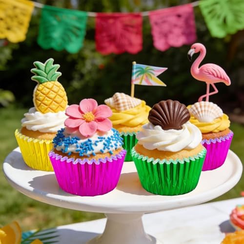 Whaline 150Pcs Hawaiian Foil Cupcake Liners Baking Cups Green Rose Red Yellow Foil Metallic Cupcake Wrappers Muffin Liners for Summer Tropical Luau Party Supplies