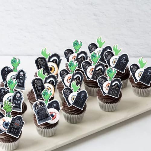 72 PCS Edible Halloween Cupcake Toppers Wafer Paper Skeleton Graveyard Tombstone Cupcake Picks Edible Horror Eyeballs Zombie Hands Cake Decorations for Halloween Theme Birthday Spooky Party Supplies