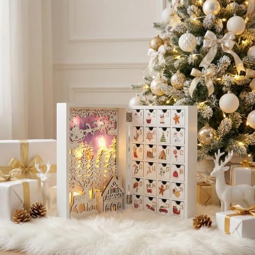 Lighted Wooden Christmas Advent Calendar with 24 Drawers