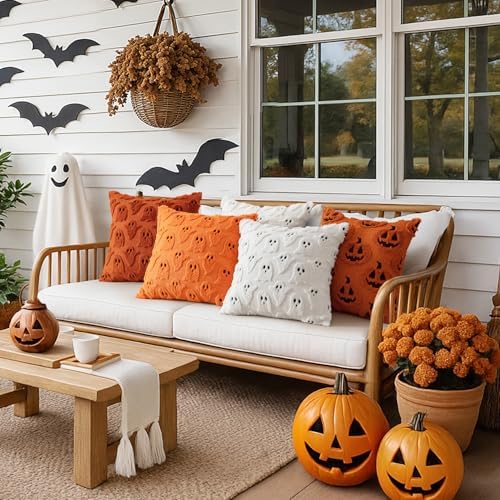 MIULEE Burnt Orange Halloween Pillow Covers Cute Ghost Fall Decor 16x16