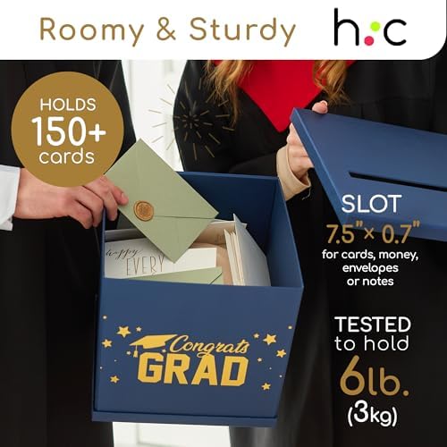 Blue & Gold Graduation Card Box - Large 10x10 Navy Blue Congrats Grad Party