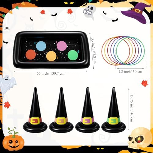 Soulchen Giant Halloween Ring Toss Games Carnival Games Inflatable Witch Hat Ring Toss with Weighted Bottom Witch Hat Rings for Kids Adults Halloween Party Carnival Classroom Outdoor Indoor School