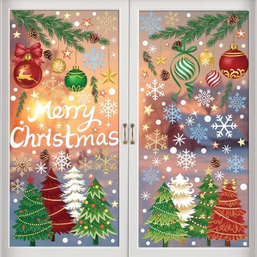 Merry Christmas Window Clings - 5 Sheets 173 Pcs Winter Holiday Window Stickers Christmas Tree Pine Branches Snowflake Decal for Glass Windows for Xmas Classroom Home Office Shop Display