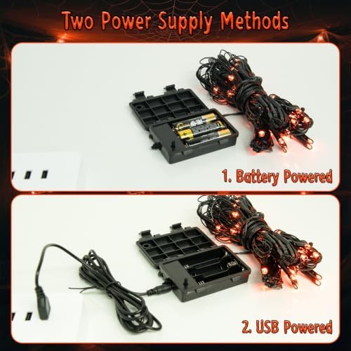 Halloween Decorations Spider Web Lights 6FT 60LED Battery Operated/USB Powered with Black Spider with Timer 8 Modes Indoor Outdoor for Halloween Decor, Orange