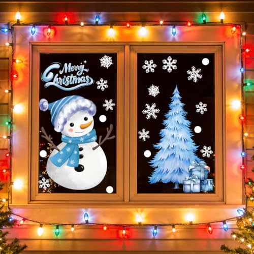 Winter Snowflake Window Clings Merry Christmas Window Stickers Double Sided Cute Snowman Window Decals Reusable Christmas Tree Glass Display Decoration for Home Office Classroom Party