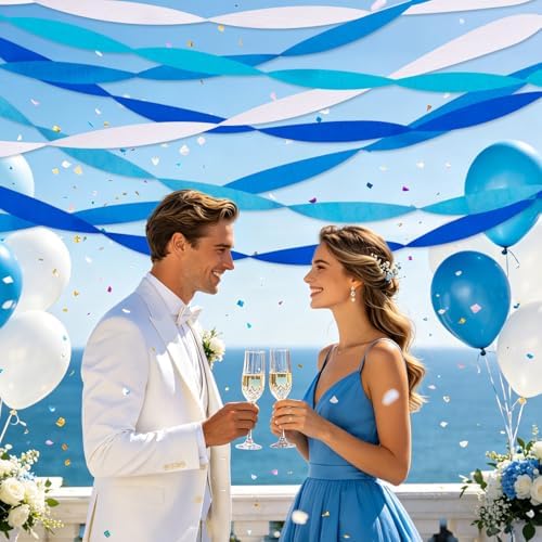 Blue Streamers 8 Rolls Crepe Paper Streamers Party Decorations for Blue Birthday Party, Wedding, Engagement, Bachelorette and Baby Shower Boy
