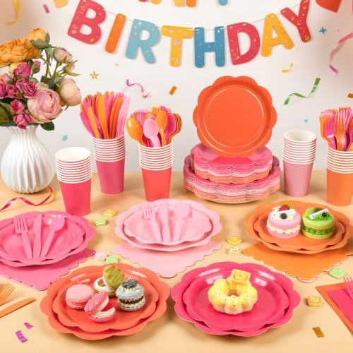 350 Pcs Pink and Orange Party Plates and Napkins - Hot Pink Orange Party Decoration Tableware set Include Sunset Tropical Scalloped Plate Napkin Cup & Cutlery for Baby Shower, Wedding, Birthday