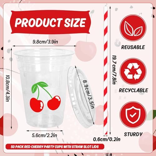 Whaline 50 Pcs 12 Oz Cherry Disposable Plastic Cups with Lids and Straws Cute Red Cherry Cold Beverage Drinking Cups Summer Cherries Party Cup for Bridal Engagement Birthday Baby Shower Party Supplies