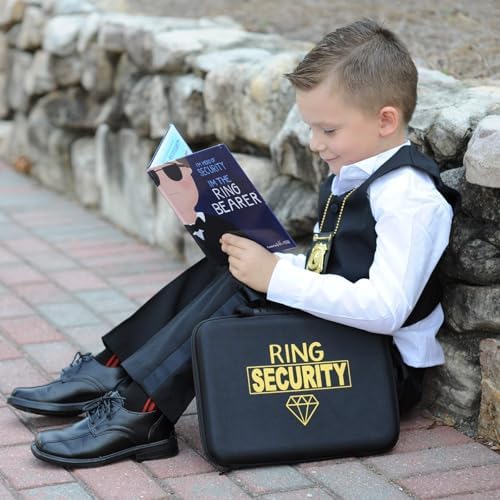 Tickle & Main Ring Bearer Proposal Gift Set - Youth S/M, Ages 4 & Up, Black Polyester - Includes Storybook, Leather Badge & Security Briefcase - Kids Ring Bearer Gifts