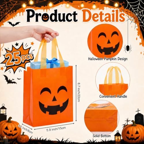 Pajean 25 Pcs Halloween Plastic Gift Bags with Handles, Pumpkin Pouches