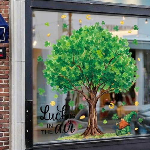 6 Sheets Extra Large St. Patrick's Day Window Clings 32 inch, Lucky Green Shamrock Tree Window Stickers Decal Double Sided for Home School Office Classroom Spring Party Supplies Gifts