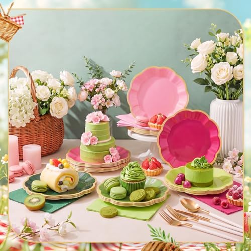 72 Pcs Pink and Green Paper Plates 9 Inch Disposable