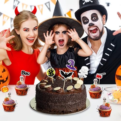 NEBURORA 64 Pcs Halloween Cupcake Toppers Pumpkin Bat Ghost Boo Cake Picks