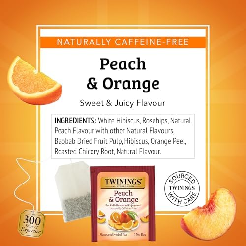 Twinings Peach & Orange Herbal Tea Individually Wrapped Bags, 100 Count (Pack of 1), Juicy & Fruity, Naturally Caffeine-Free, Enjoy Hot or Iced, 100 Teabags