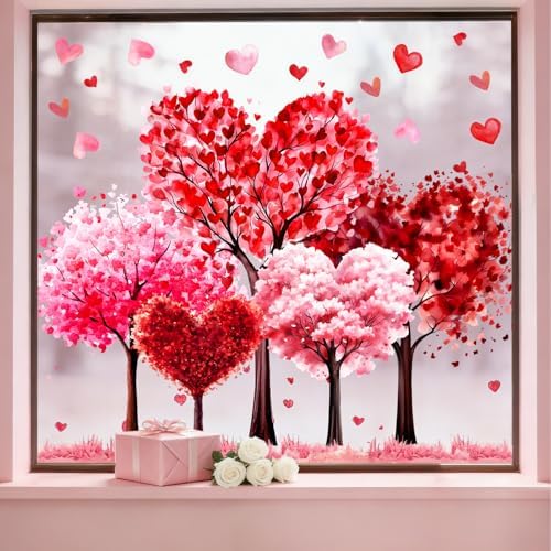 JarThenaAMCS Valentine's Day Window Clings Window Stickers Love Heart Tree Double-Sided Glass Decals for Wedding Anniversary Home Office Classroom Party Wall Decor, 9 Sheets