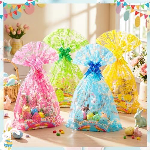 Gueevin 24 Sets Easter Empty Gift Baskets Bulk with Colorful Bunny Cellophane Bags & Ribbon Bows, DIY Basket to Fill for Egg, Candy, Treats, Birthday Party, 9.8 x 6.5 x 3.5 Inch