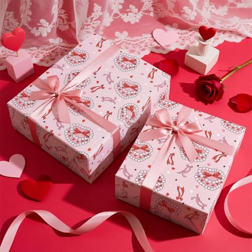 WRAPAHOLIC Valentines Day Wrapping Paper Roll - Mini Roll - 17 Inch x 16.5 Feet - Pearl Jewelry Box and Ribbon Bow Wrapping Paper for Valentine's Day, Wedding, Anniversary, Girl Women Birthday
