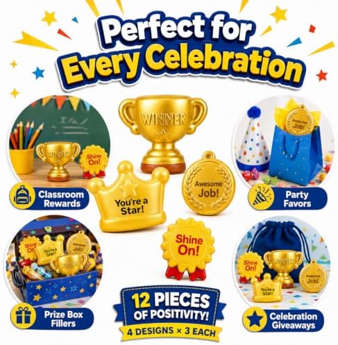 12 Pack Squishy Toys Bulk, Slow Rising Trophy Medal Crown Ribbon Squeeze Toys,Prize Box Toys, Classroom Prizes, Teacher Rewards, Party Favors, Goodie Bag Stuffers